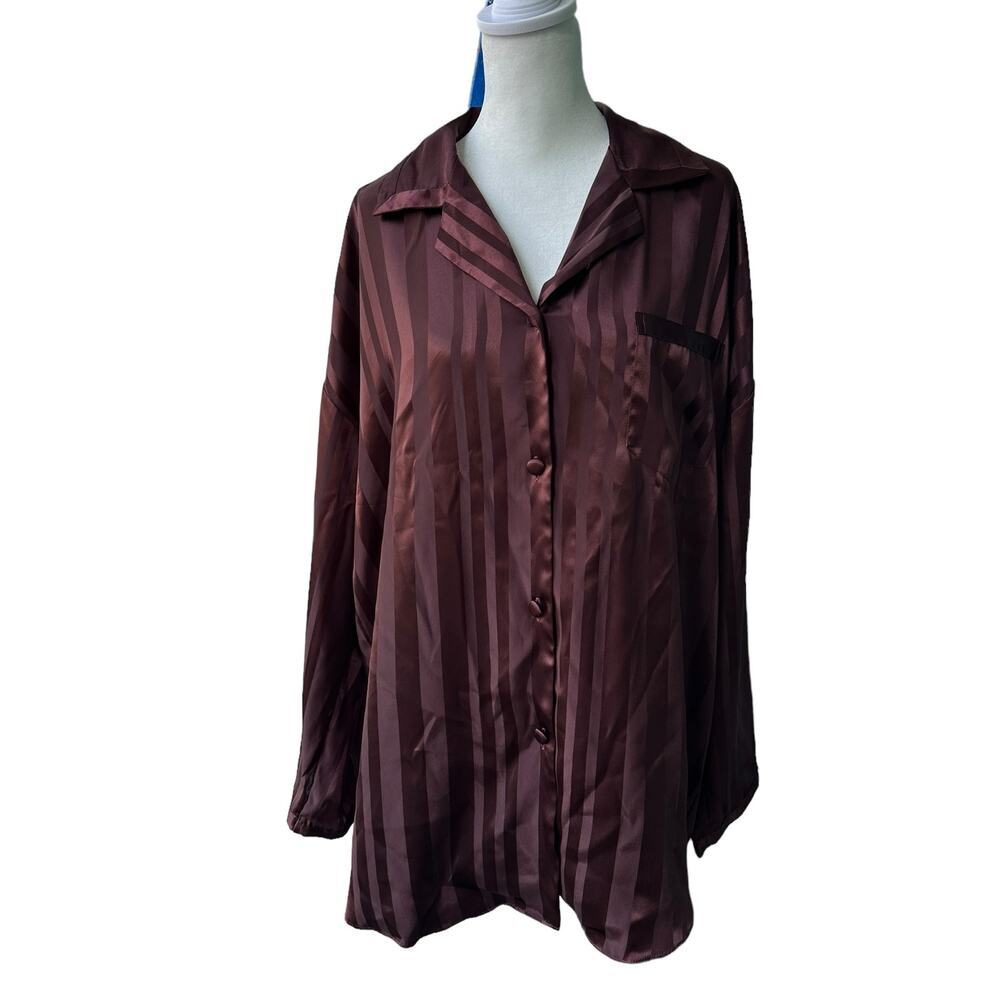 Victorias Secret Nightgown Top Shirt Brown‎ Satin Striped Size Large Slip Dress